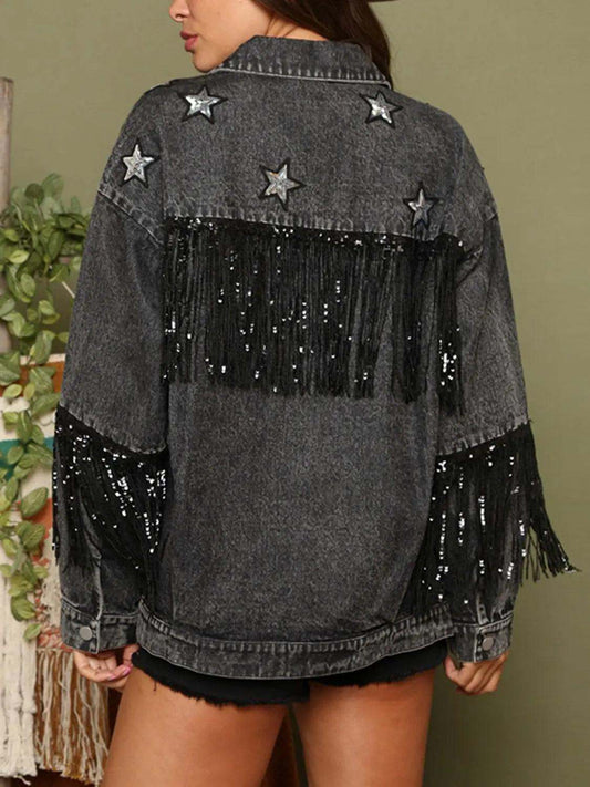 Fringe Denim Jacket - Long Sleeve Detail Design - Redemption By Ashley North