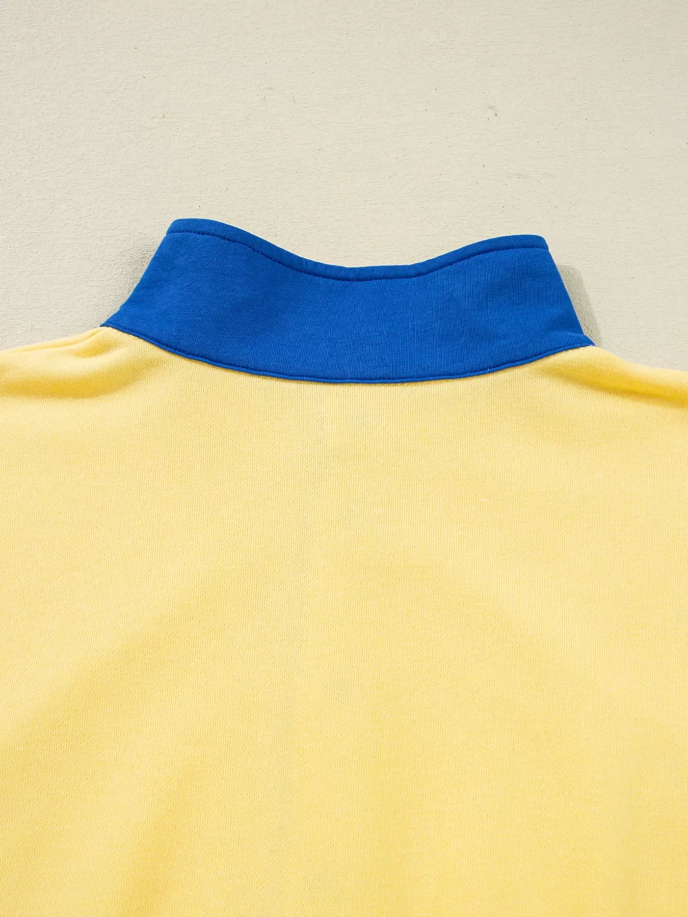 Close-up of yellow and blue collar on Color Block Patchwork half button top and shorts 2pcs set
