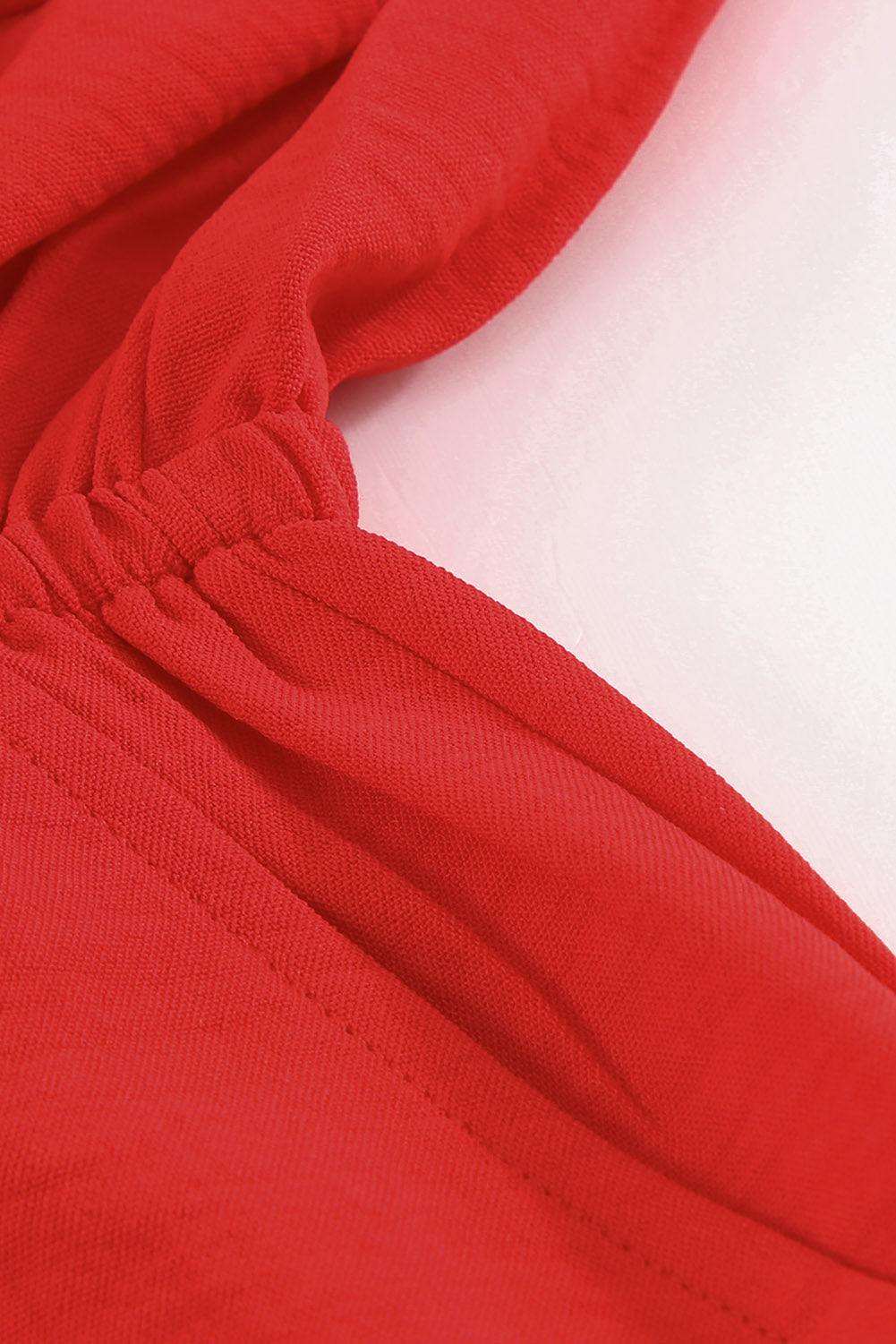 Tied Flounce Sleeve Plunge RomperPattern type: Solid
Style: Sexy
Features: Tie, Pockets
Neckline: Plunge
Length: Short
Sleeve length: Long sleeves
Sleeve type: Lantern sleeves
Material composition: Redemption By Ashley NorthTied Flounce Sleeve