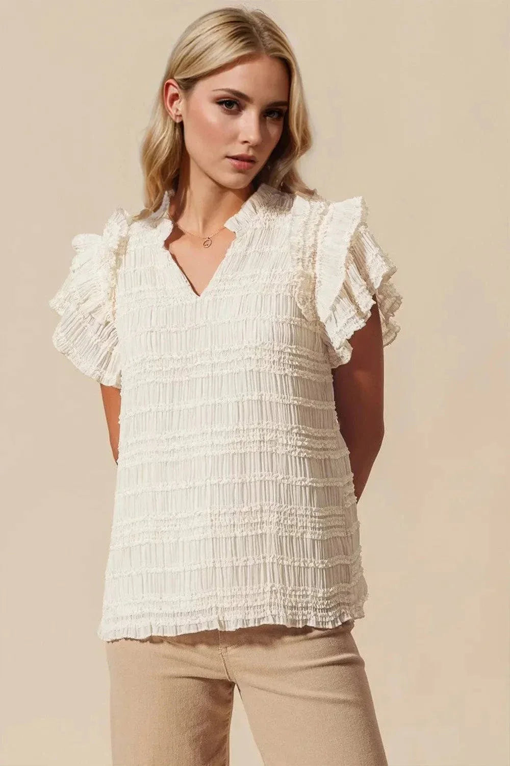 Oh Full Size Frill Notched Sleeve Blouse with Flounce Sleeves.
