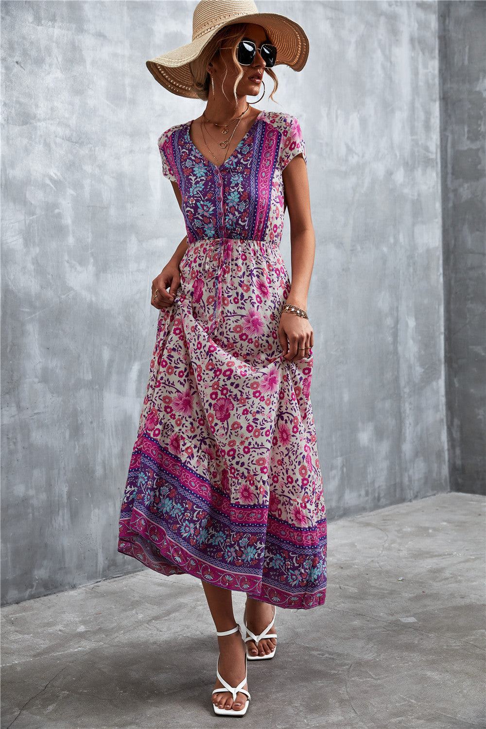 Bohemian Maxi Dress for Women: V-Neck Short Sleeve Printed Maxi Dress.