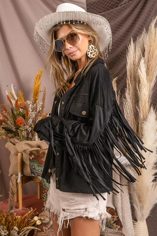 BiBi Suede Fringe Long Sleeve Jacket.