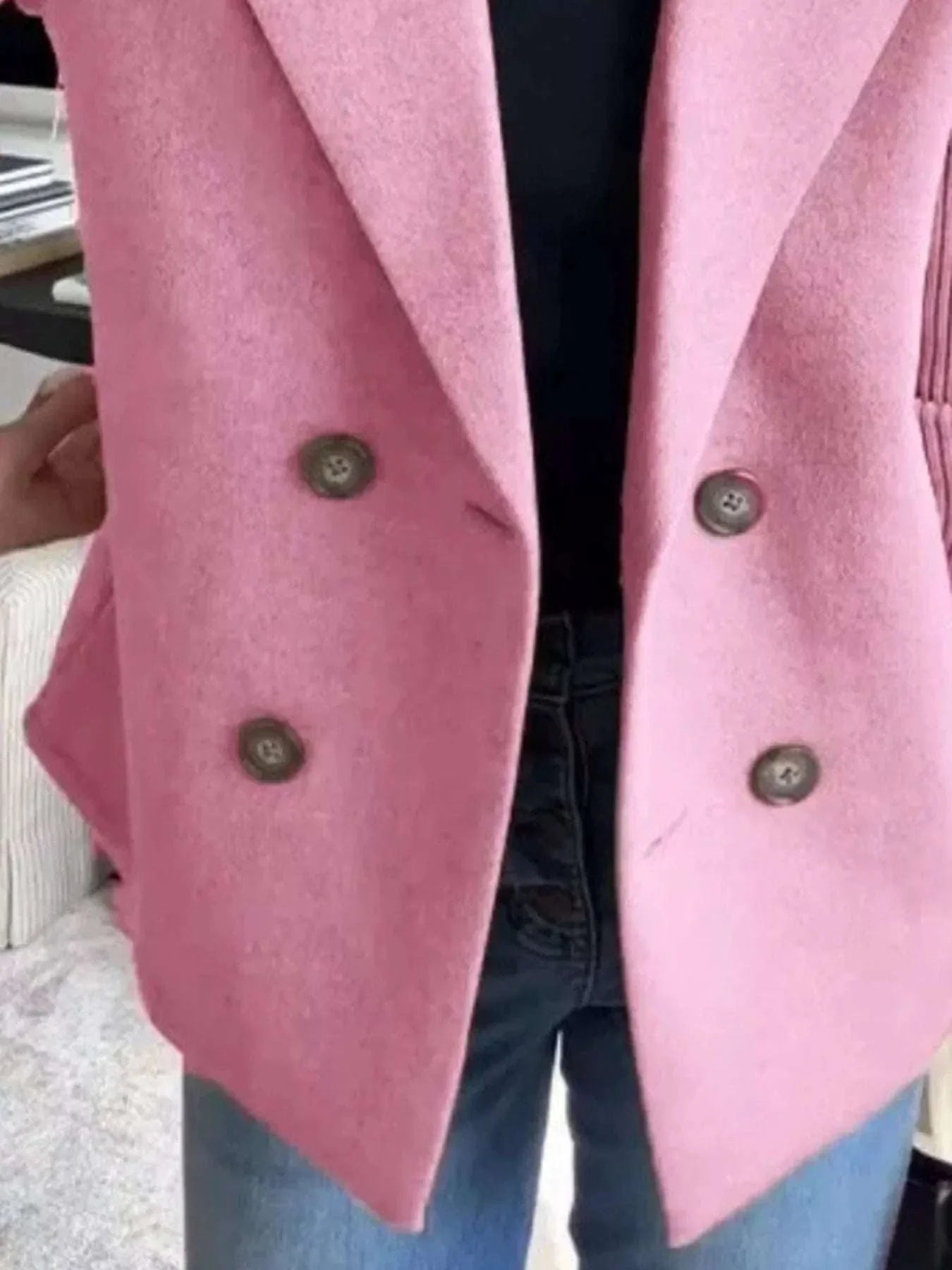 Plus size double-breasted full size knit sleeve outerwear in pink with ribbed buttoned design