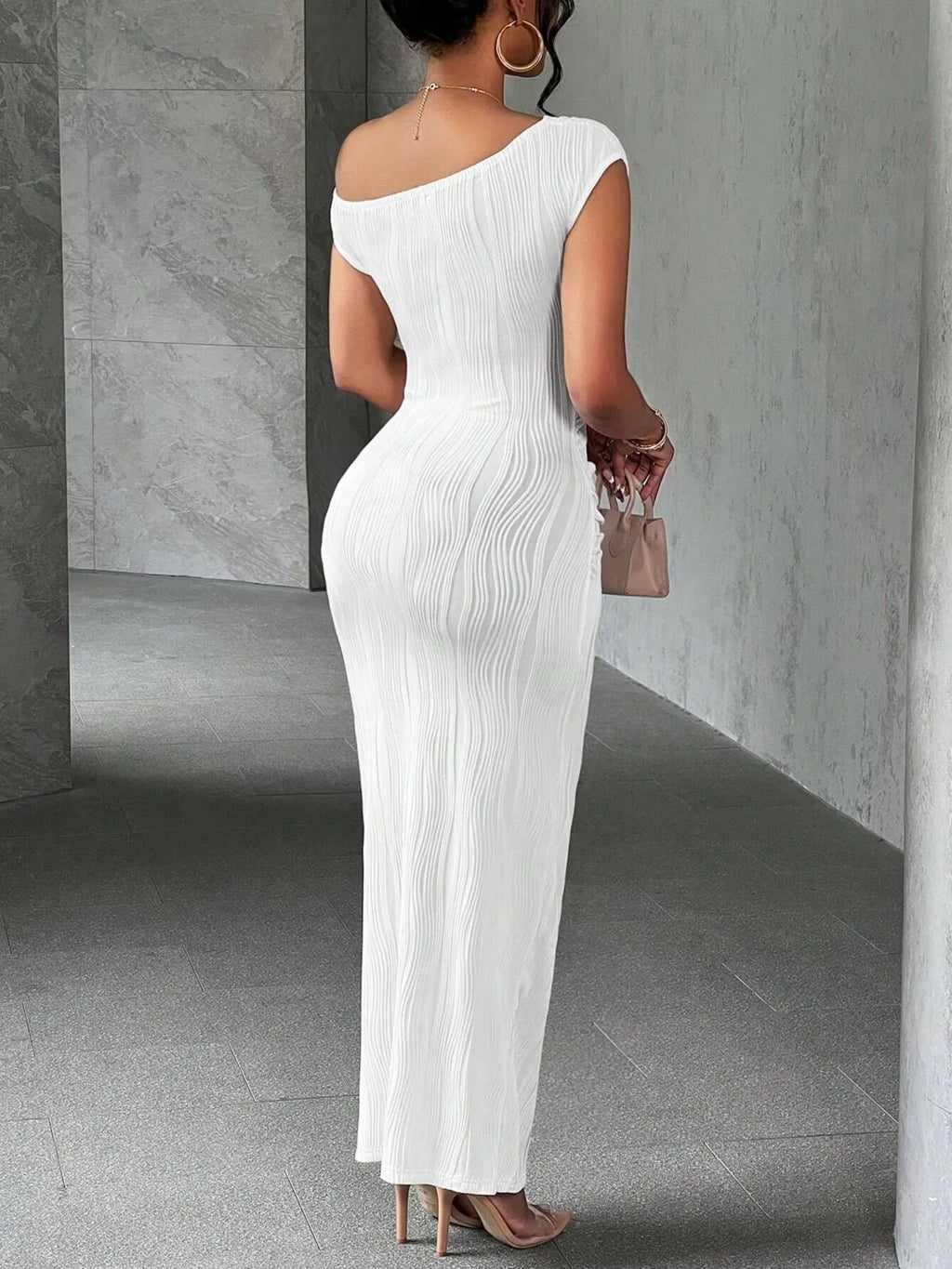 Textured Bodycon Maxi Dress with Single Shoulder Design.