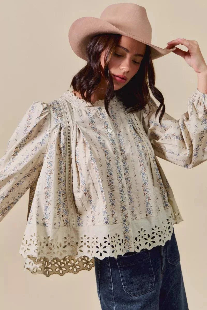 SO ME Floral Print Lace Button Down Shirt.