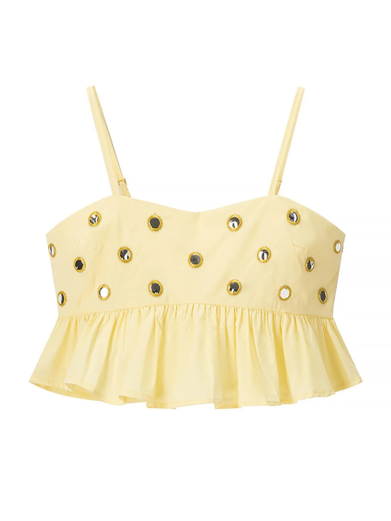 Yellow eyelet cami with cutout and ruffled details, made of polyester and spandex.