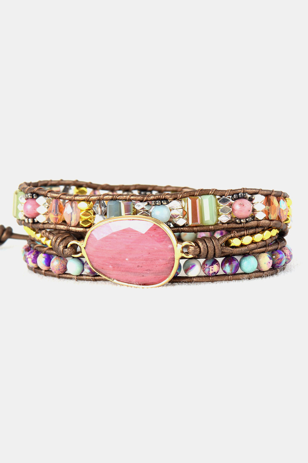 Handmade crystal beaded natural stone bracelet with colorful beads and pink centerpiece
