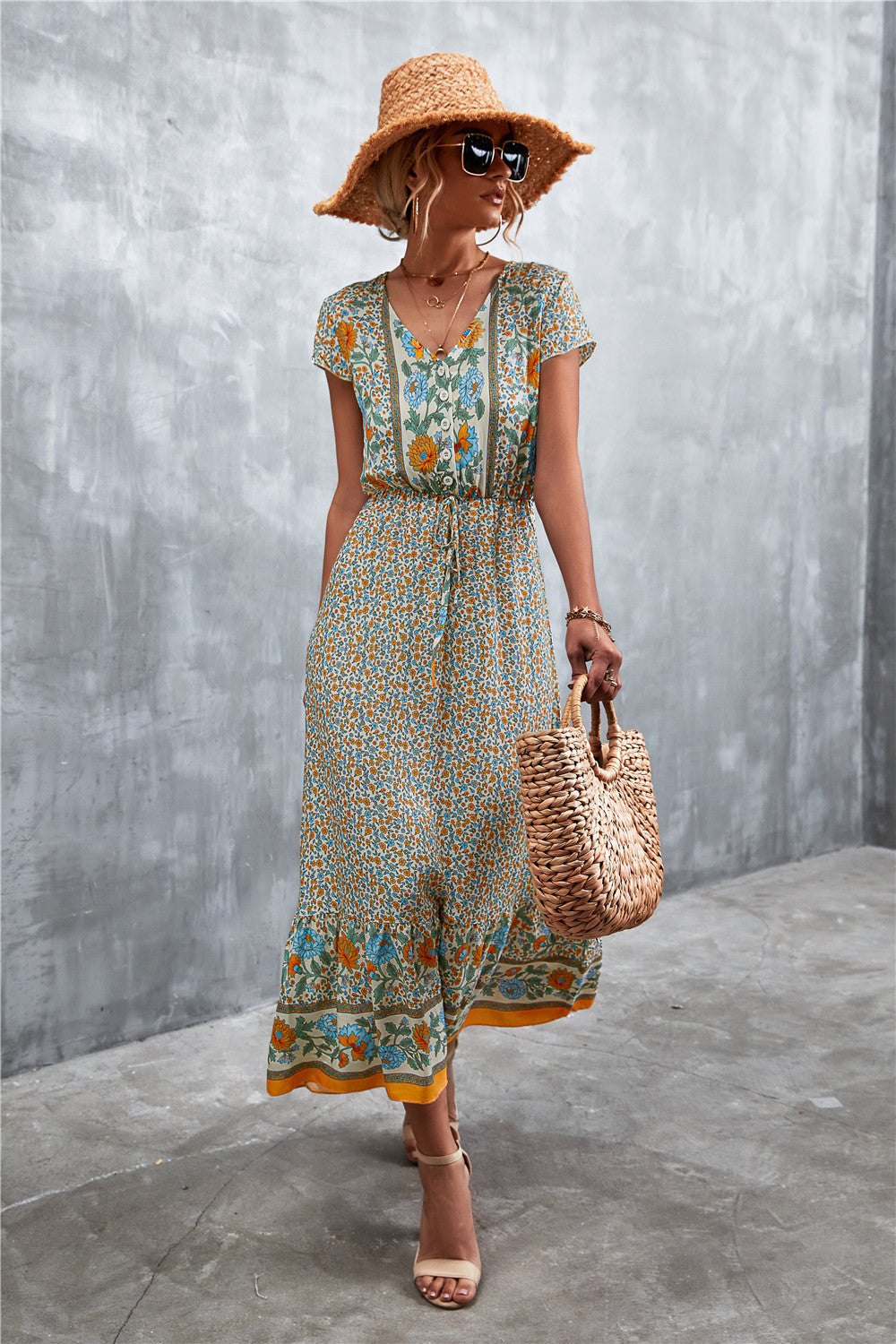 Bohemian Maxi Dress for Women: V-Neck Short Sleeve Printed Maxi Dress.
