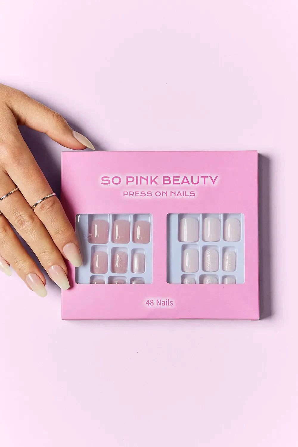 SO PINK BEAUTY press on nails two pack with 48 pieces in pink packaging