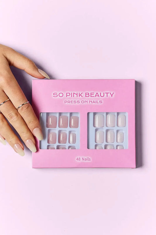 SO PINK BEAUTY press on nails two pack with 48 pieces in pink packaging