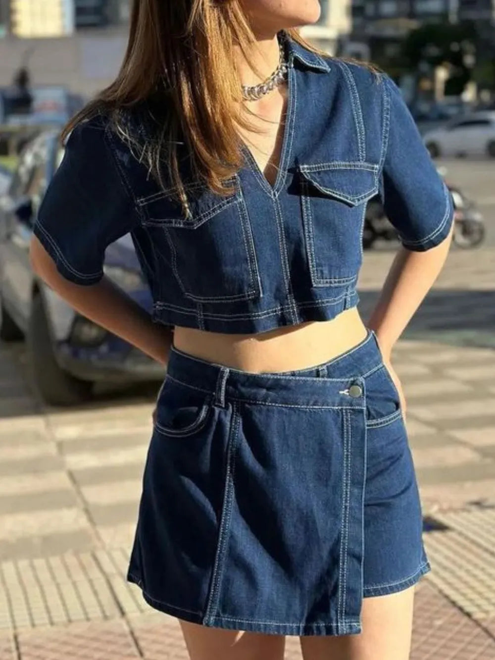 Johnny Collar short sleeve denim top and skort set with buttoned front and no stretch material