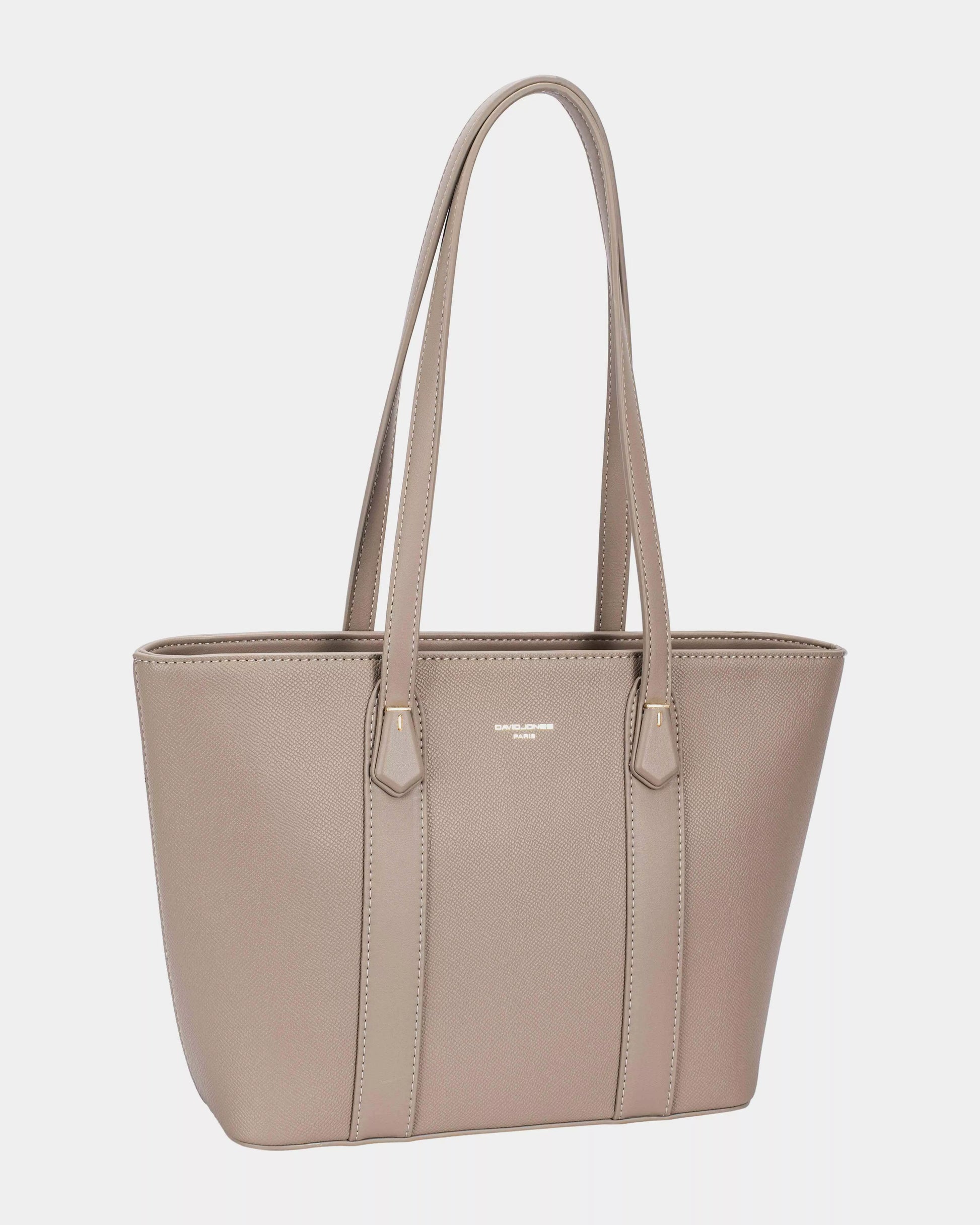 David Jones Leather Tote Bag medium taupe synthetic leather with gold hardware accents
