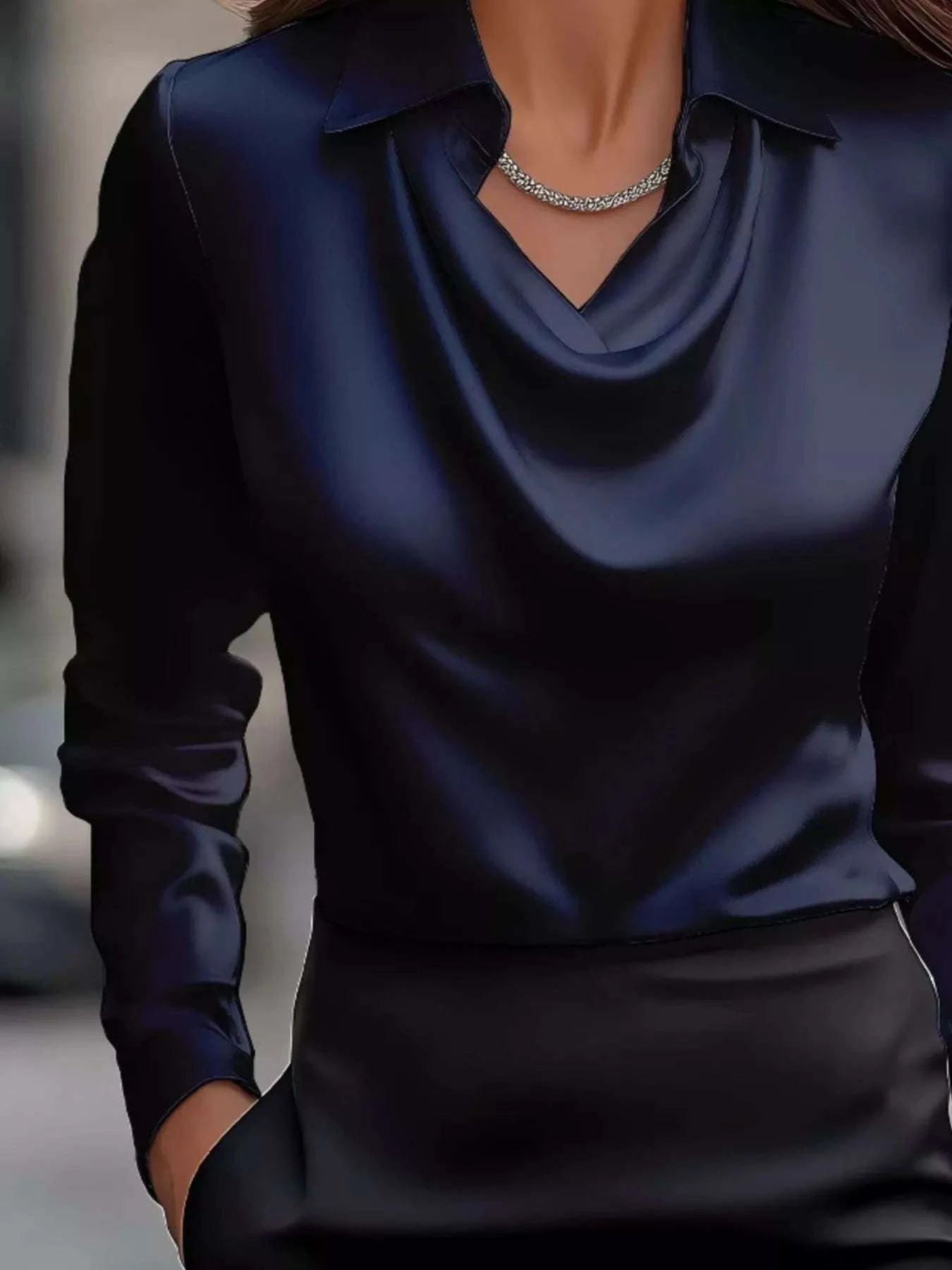 Full Size Satin Cowl Neck Long Sleeve Blouse Plus Size.