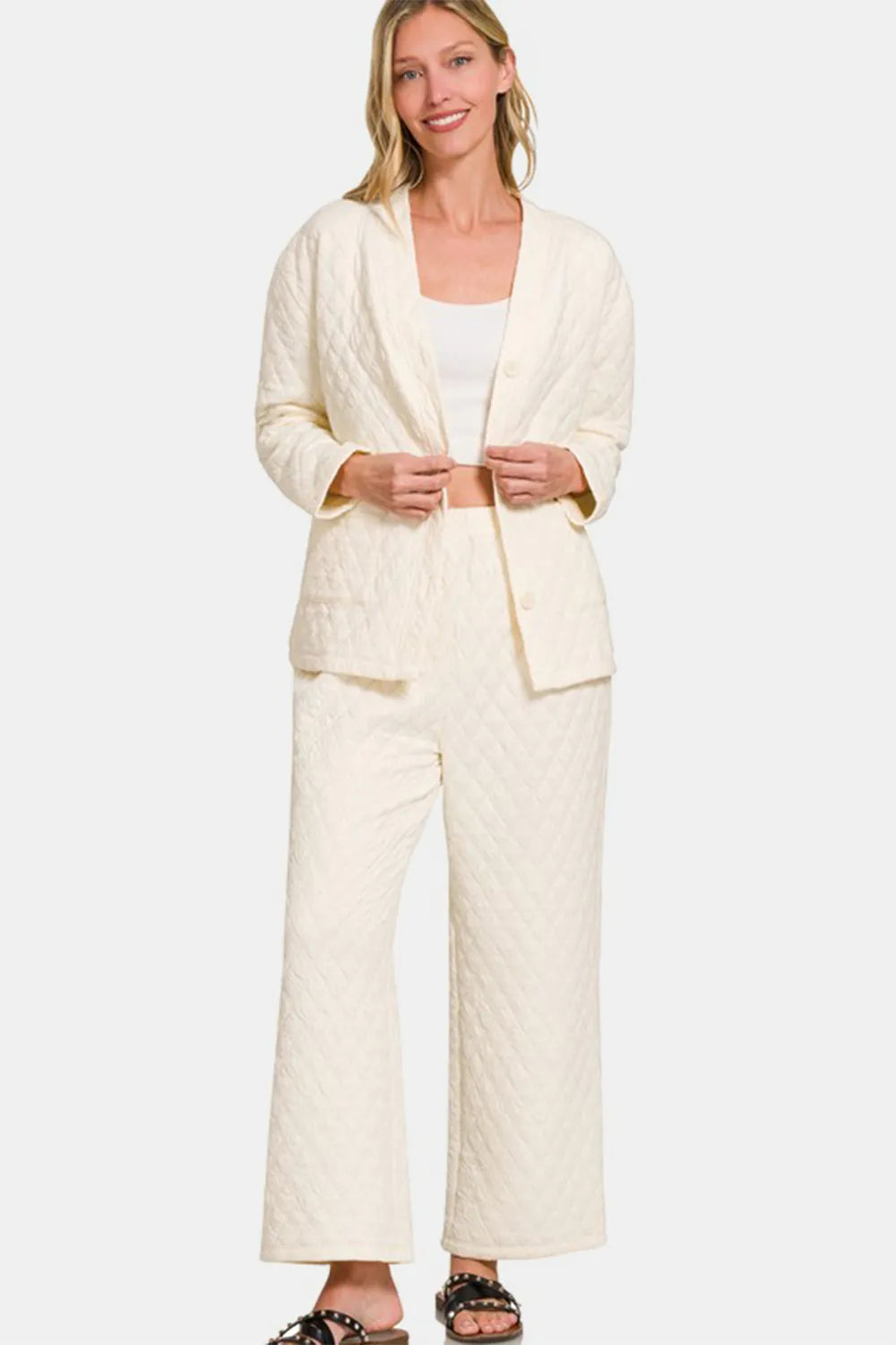 Zenana Quilted Button Up Long Sleeve Top and Pants Lounge Set.