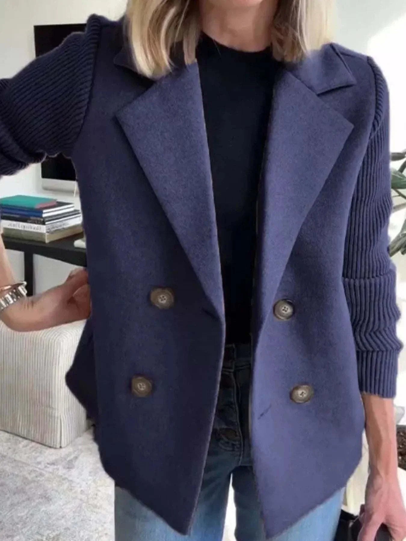 Plus size double-breasted outerwear with full size knit sleeves in navy blue.