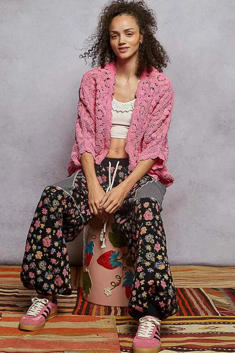 POL Floral Pattern open front pink chenille cardigan with batwing sleeves and V-neckline
