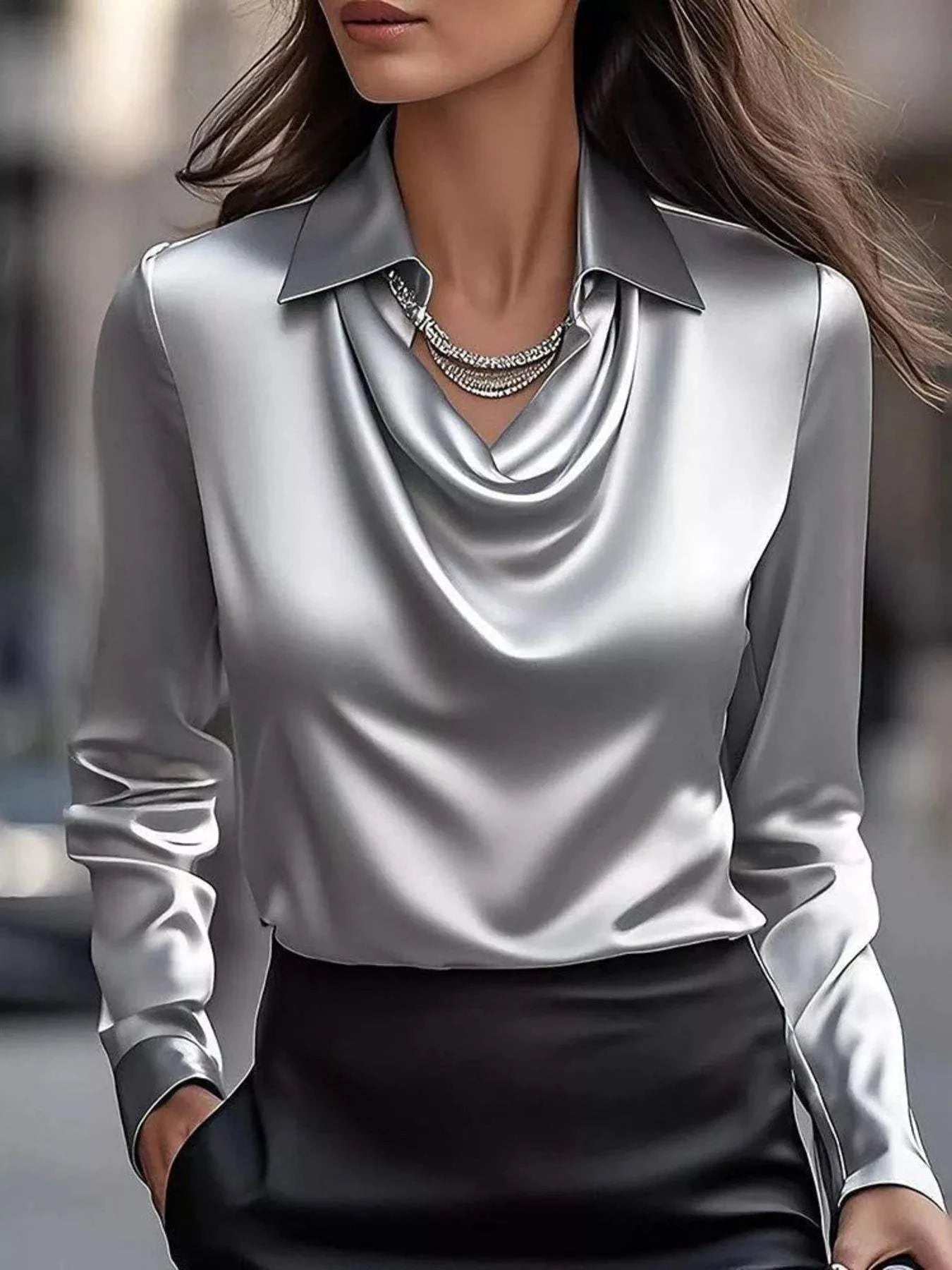 Full Size Satin Cowl Neck Long Sleeve Blouse Plus Size.