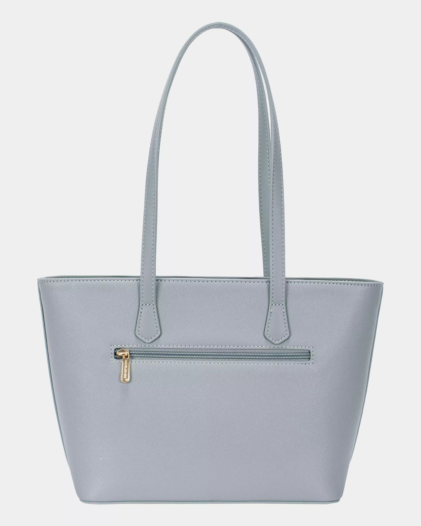 David Jones leather tote bag in grey with gold hardware and zipper detailing