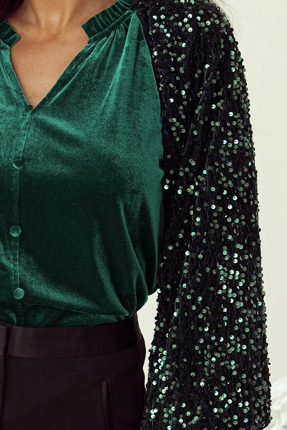 Sequin Notched Long Sleeve Blouse.