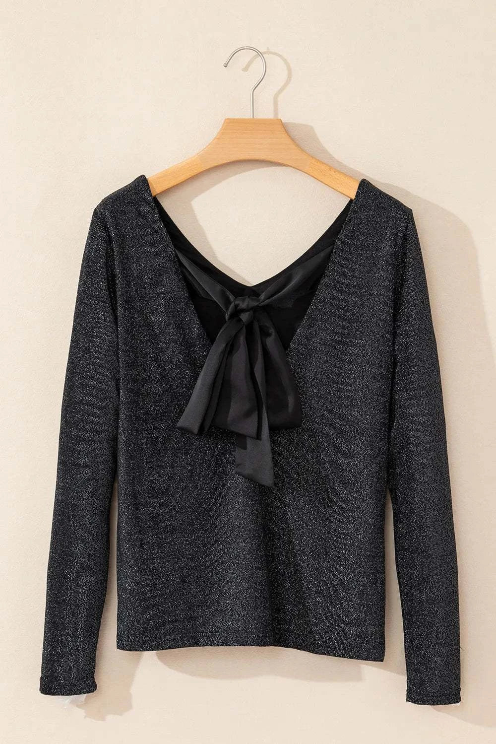 Bowknot V-Neck Long Sleeve Blouse.