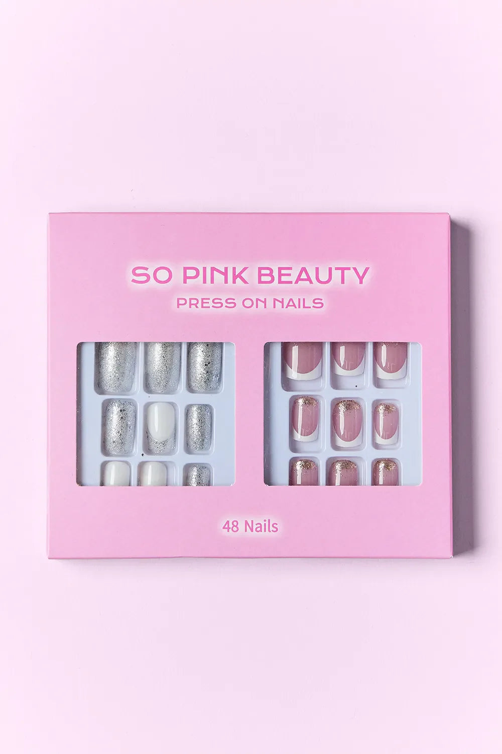 SO PINK BEAUTY Press On Nails 2 Packs with 48-piece set in glitter and nude designs in pink packaging
