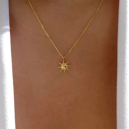 Sunburst Pendant NecklacePieces:1-piece
Material:18K Gold-Plated,Zinc alloy,Silver-plated
Care instructions:Avoid wearing during exercise, as sweat will react with the jewelry to produce silSunburst Pendant Necklace