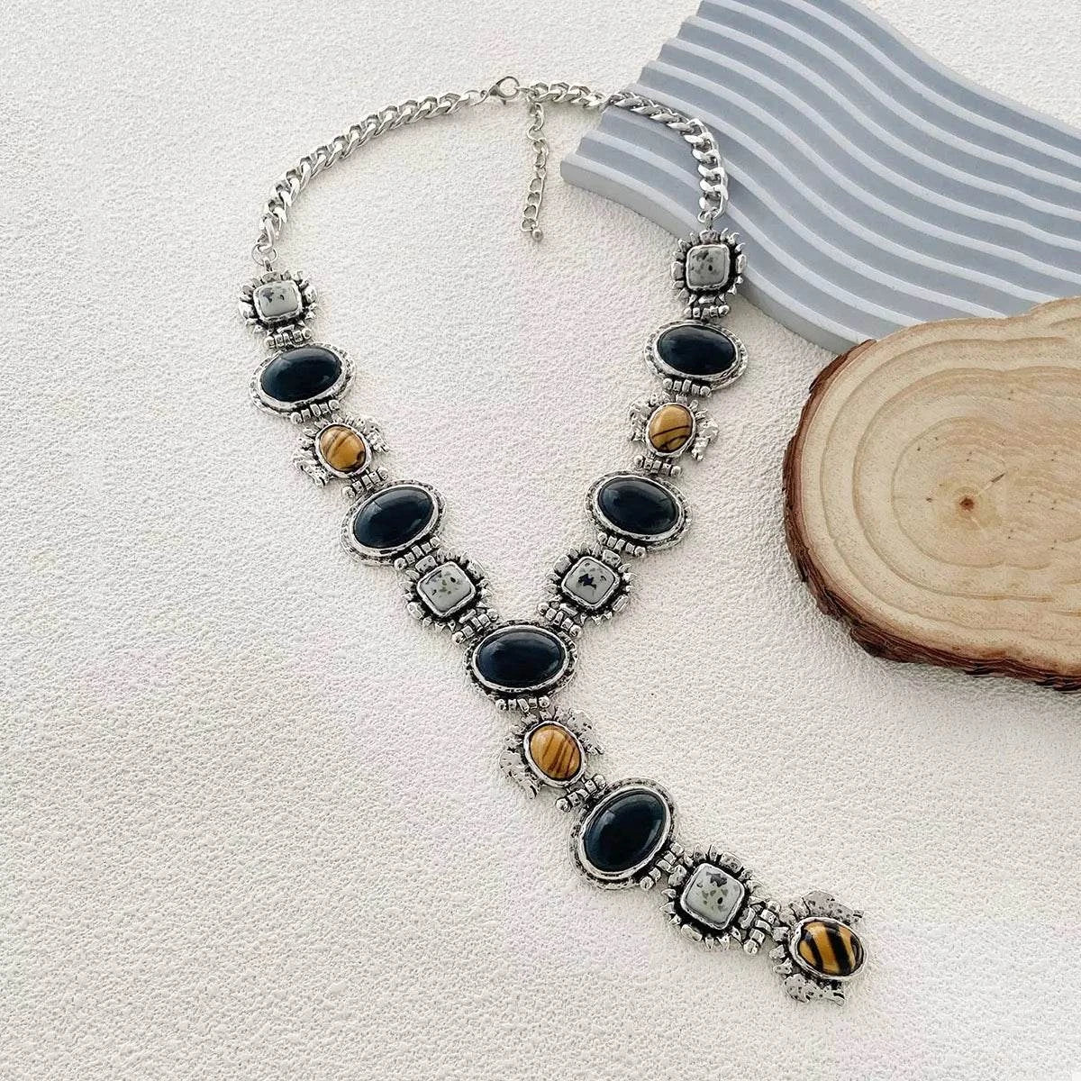 Resin Zinc Alloy Y-shape necklace with silver-plated chain and multicolor resin stones