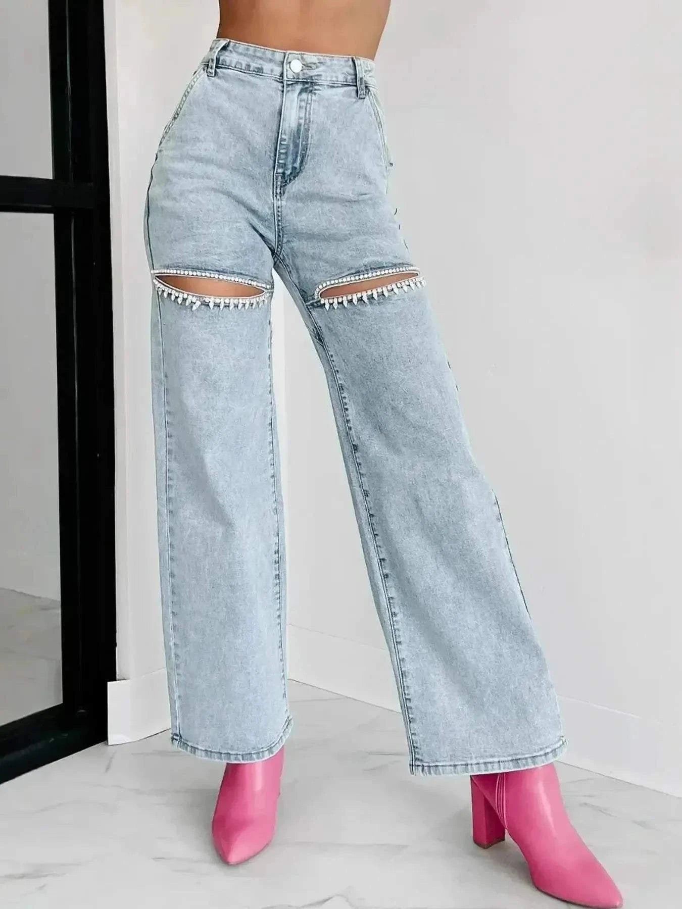 High Waist Wide Leg Jeans with Cut-Out Design.