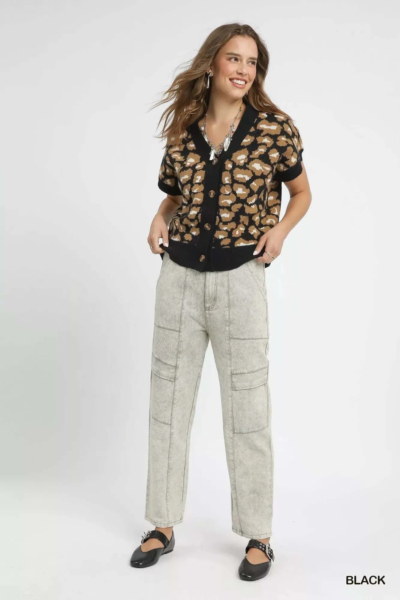 Umgee Leopard Button Down Short Sleeve Cardigan.