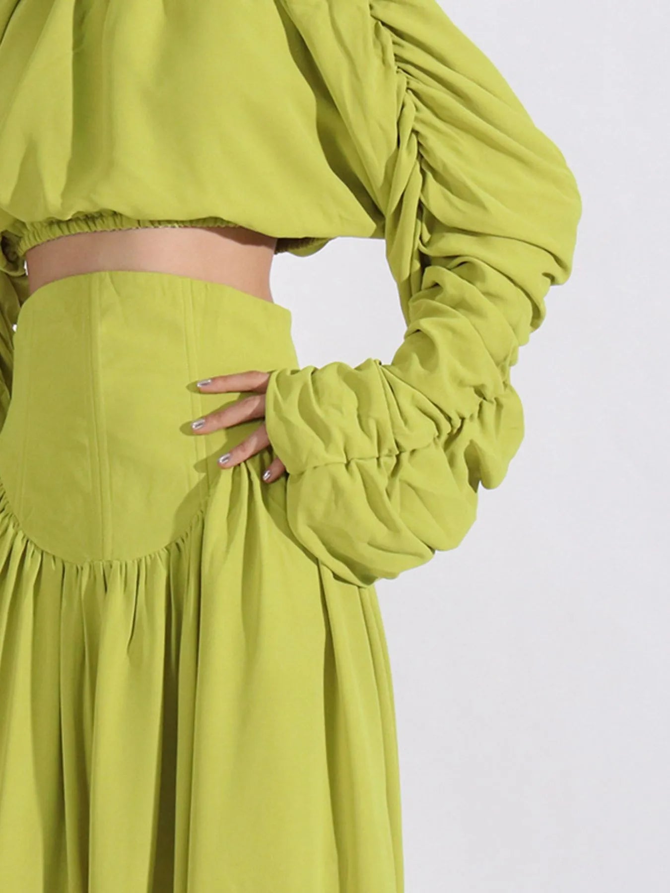 Green ruched long sleeve top and high waist skirt set with tied details in polyester fabric