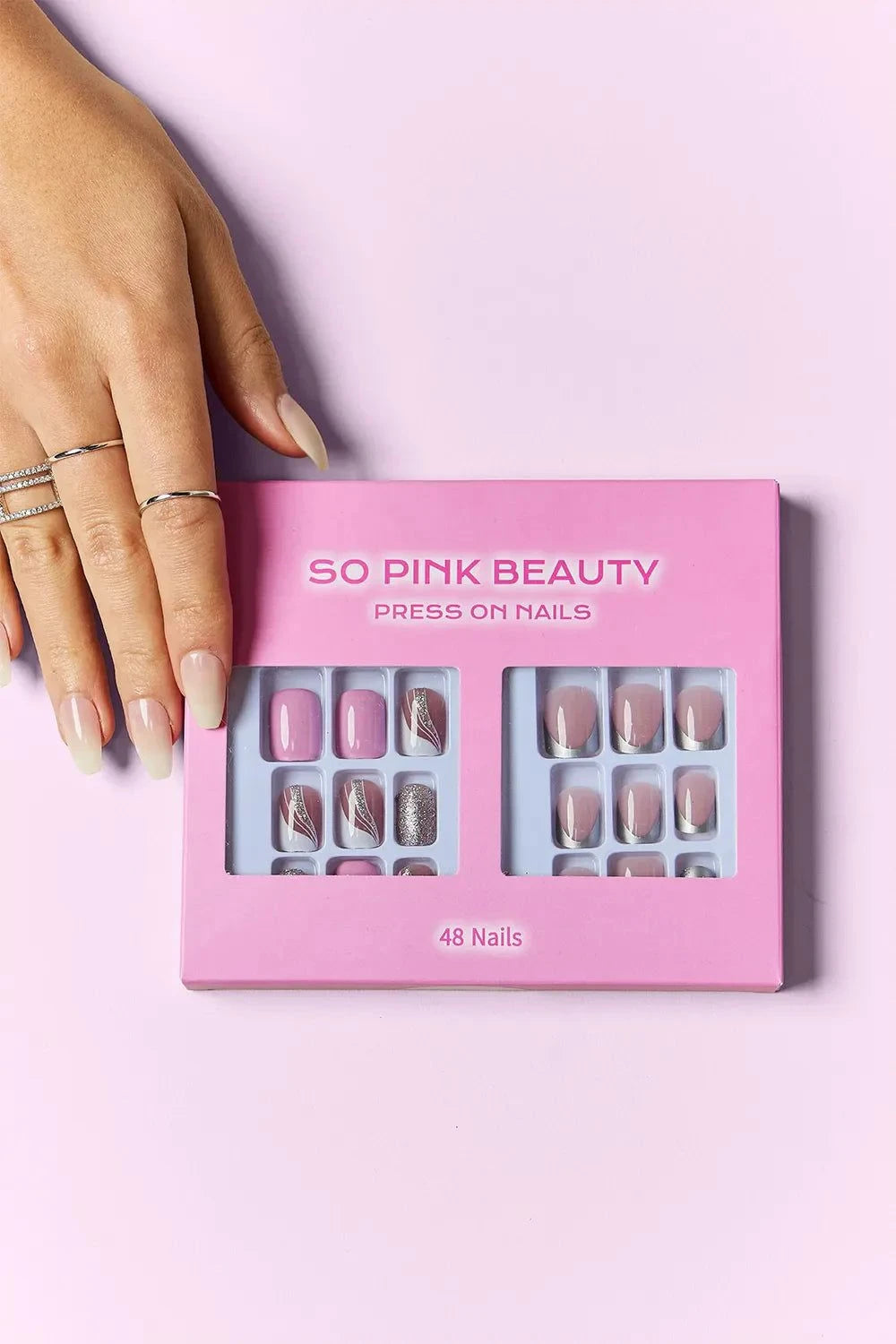 SO PINK BEAUTY press-on nails 2 packs with 48-piece versatile designs in pink packaging