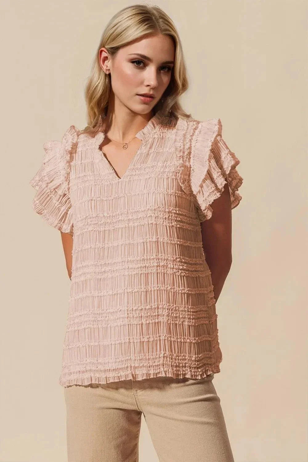 Oh Full Size Frill Notched Sleeve Blouse with Flounce Sleeves - Redemption By Ashley North