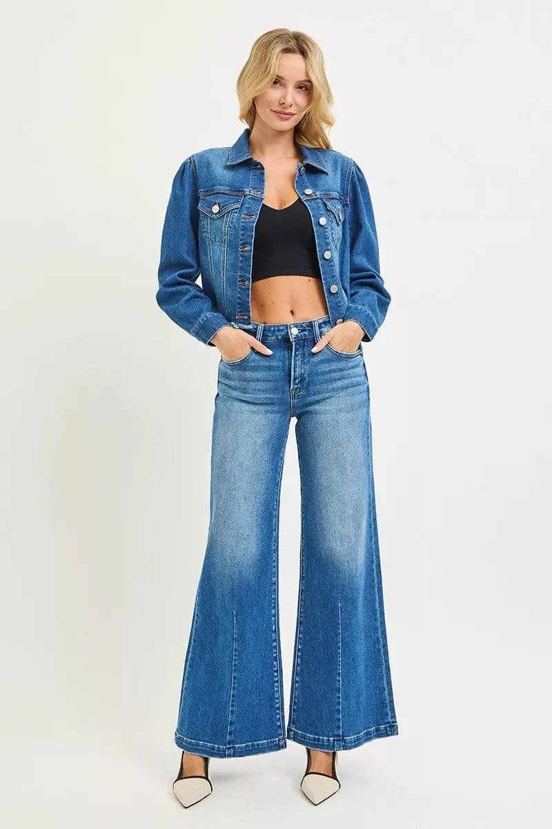 RISEN Full Size Mid Rise Wide Leg Jeans with Flared Look Plus SizeThese Mid Rise Wide Leg Jeans With Flared Look are a statement piece for a retro-inspired outfit. The mid rise waist provides a flattering fit and silhouette. The wiRISEN Full Size