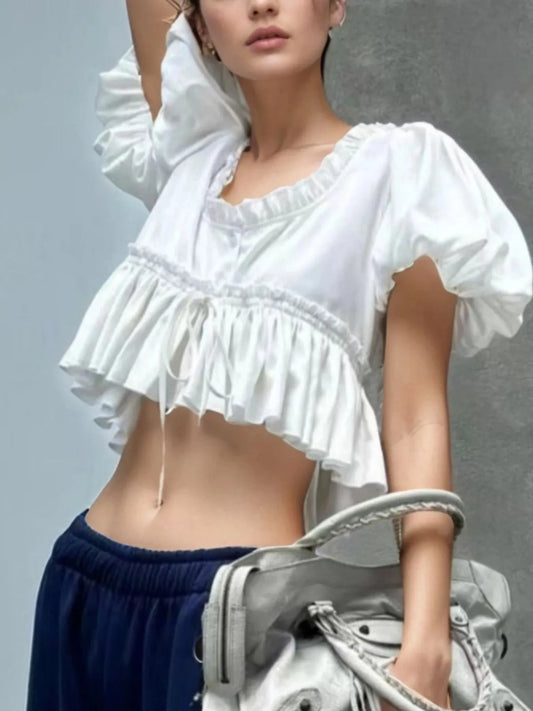 Puff Sleeve Crop Blouse with Ruffle Detail for a Romantic Touch - Redemption By Ashley North