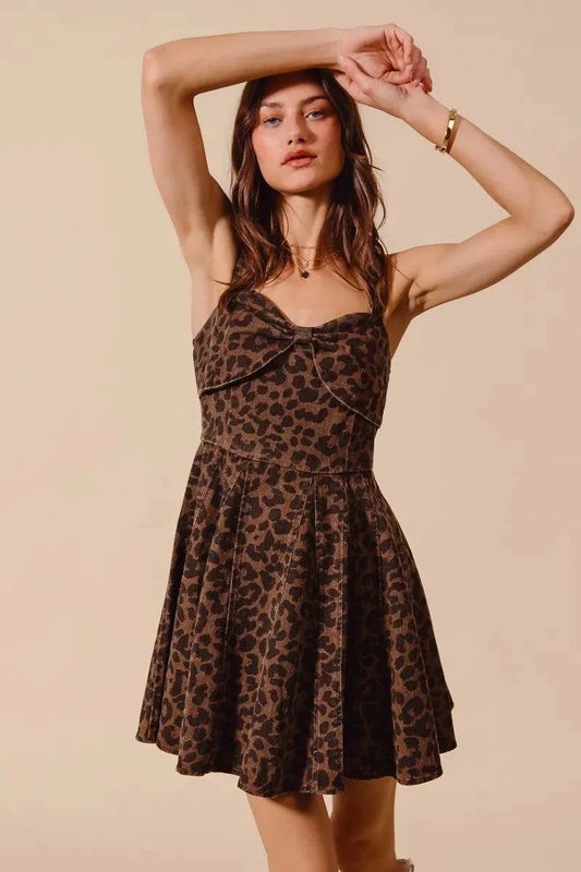 SO ME Mineral Washed Leopard Flare Cami Dress with adjustable straps and vintage-inspired leopard print