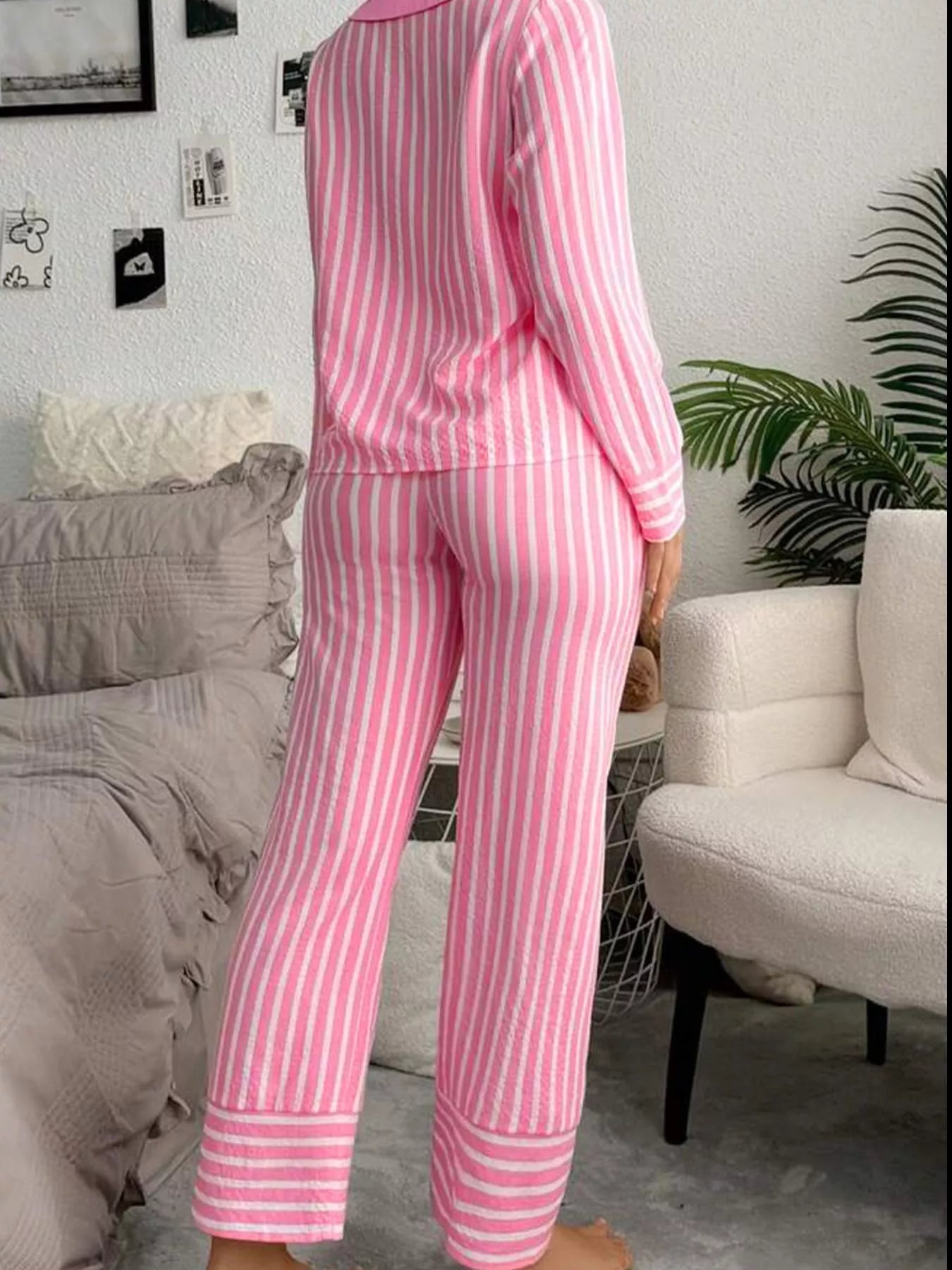 pink and white stripe buttoned front long sleeve top and pants two piece sleepwear set