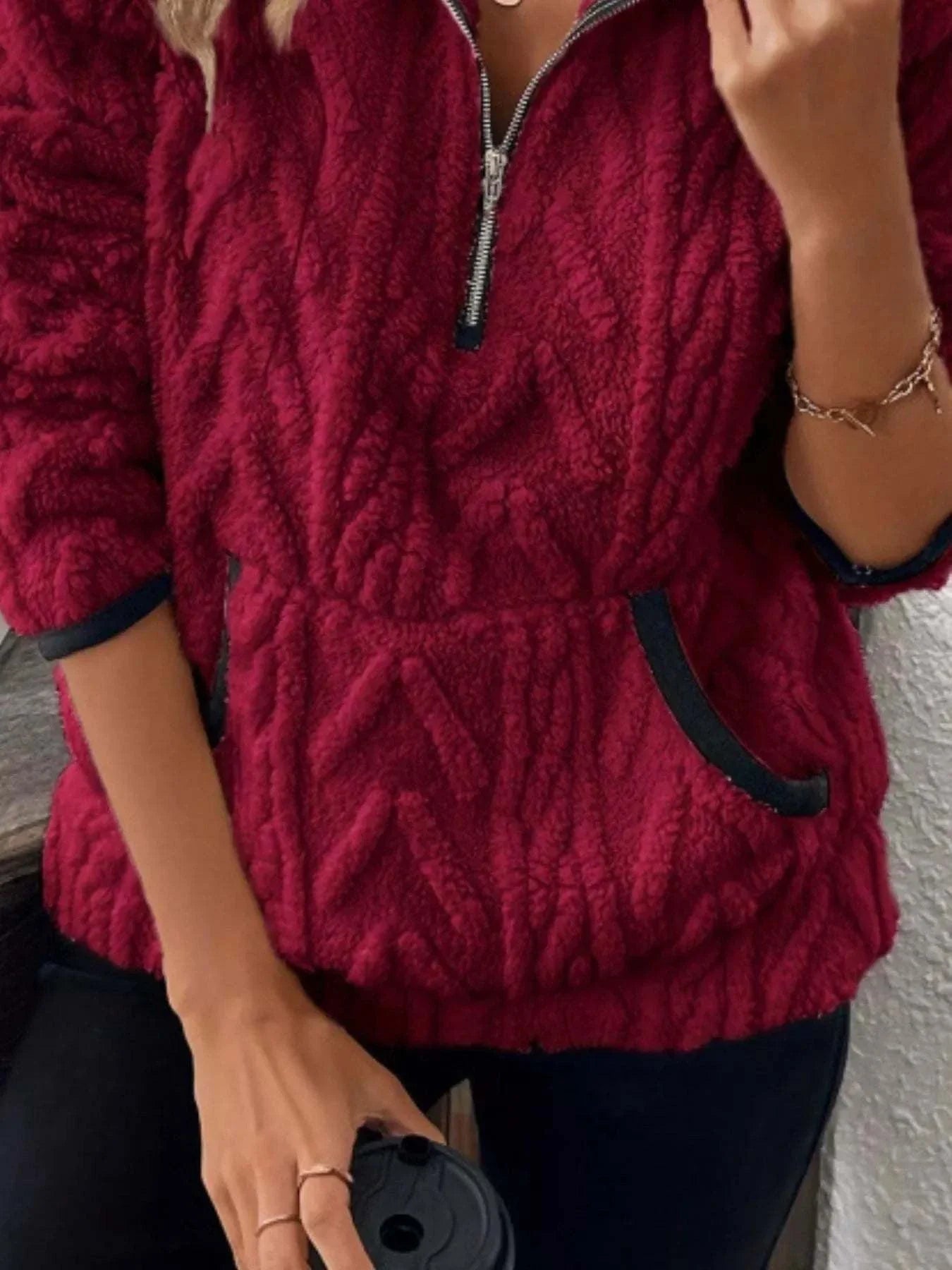 plus size full size sherpa half zip sweatshirt with pocket in burgundy color