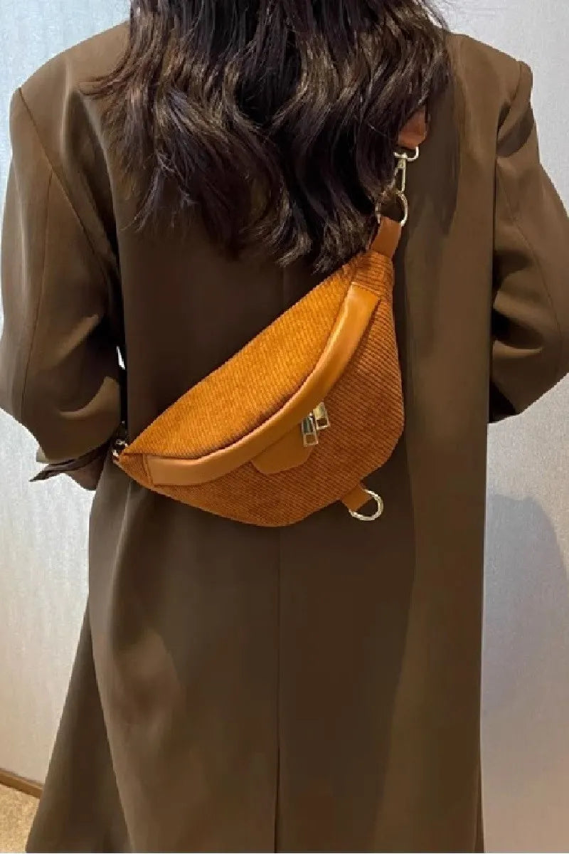 woman wearing vintage retro corduroy crossbody bag with removable adjustable strap