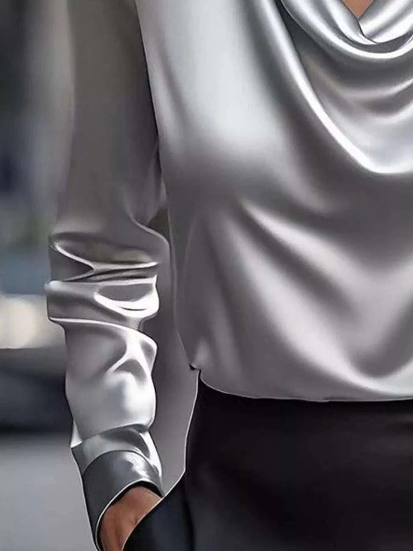 Full Size Satin Cowl Neck Long Sleeve Blouse Plus Size.