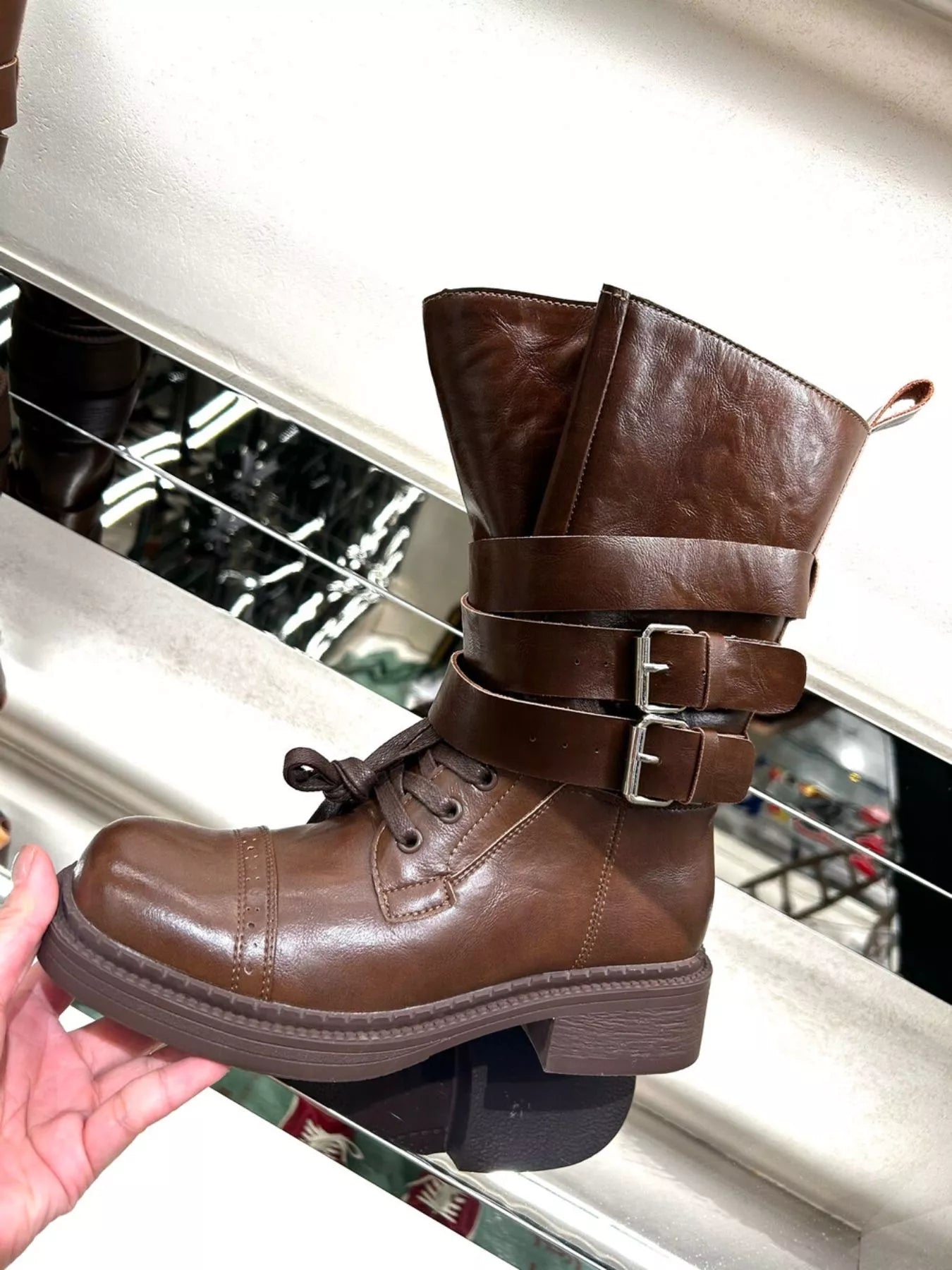 Buckled Leather Block Heel Boots.