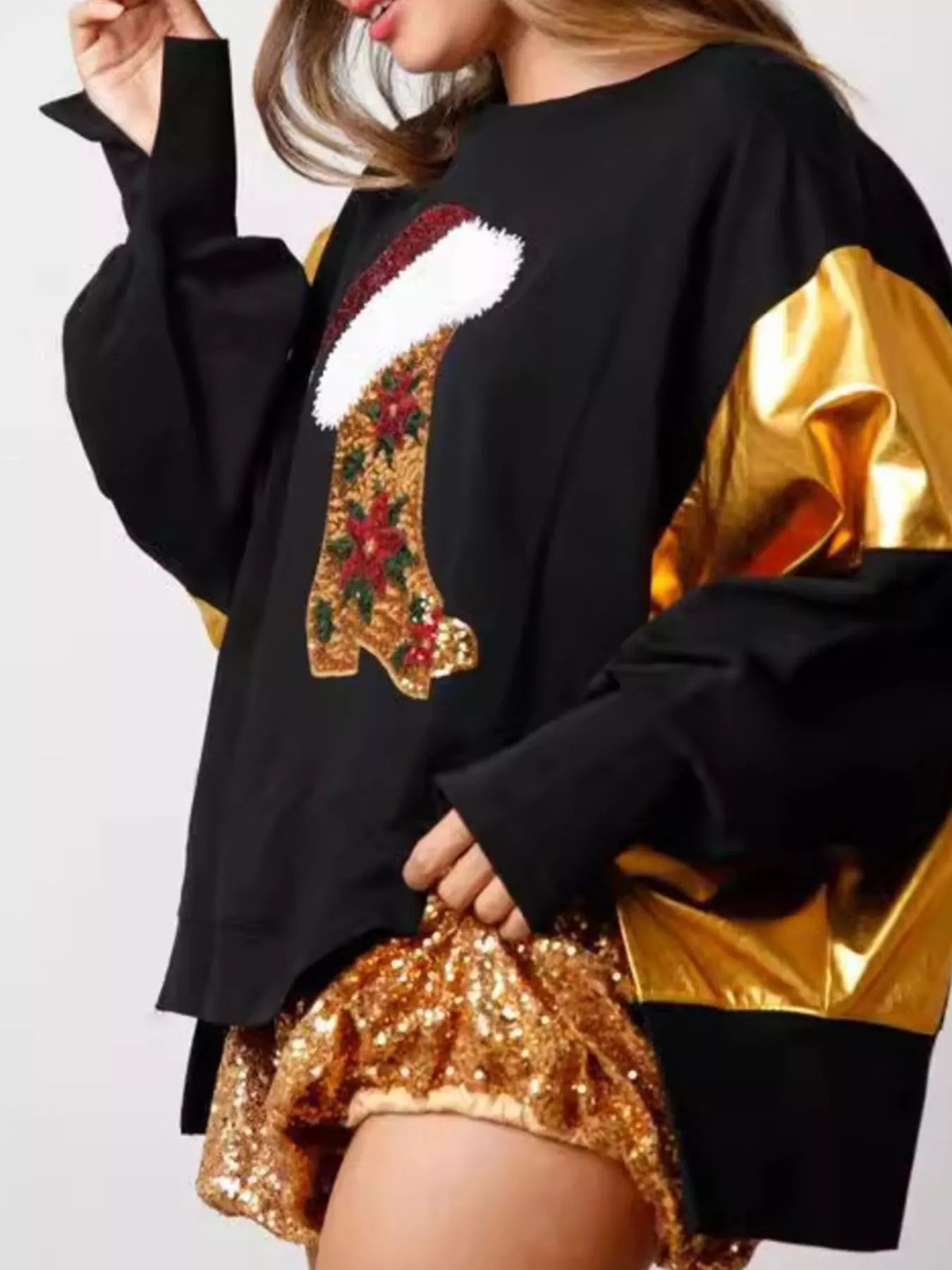 Christmas Sequin Boot Long Sleeve Sweatshirt.