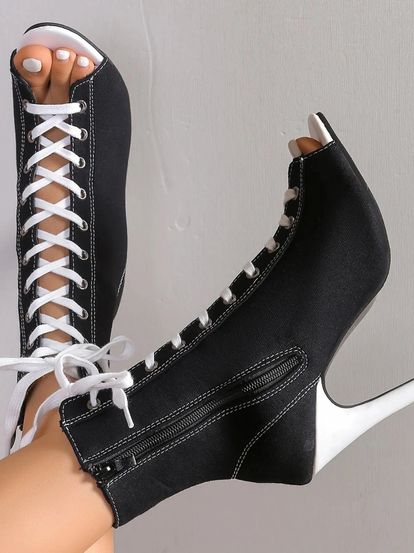 Canvas Lace-Up Peep Toe Stiletto Ankle Boots