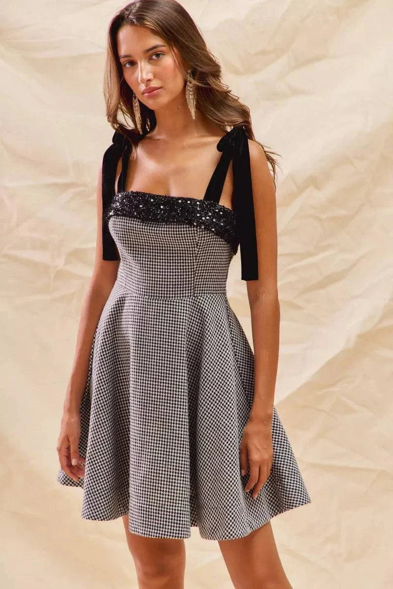 SO ME Houndstooth Fit Flare Mini Dress with Shoulder Tie for a Trendy Look.