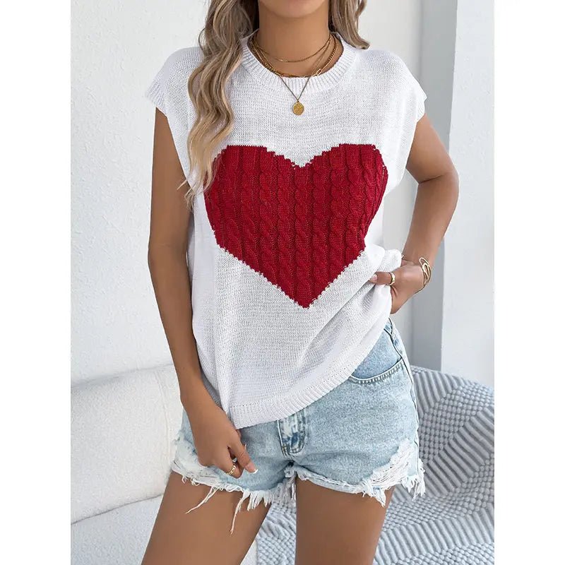 Women's Heart Color Block Knit Top - Casual Sleeveless Valentine Shirt D'Alina Confecções Store