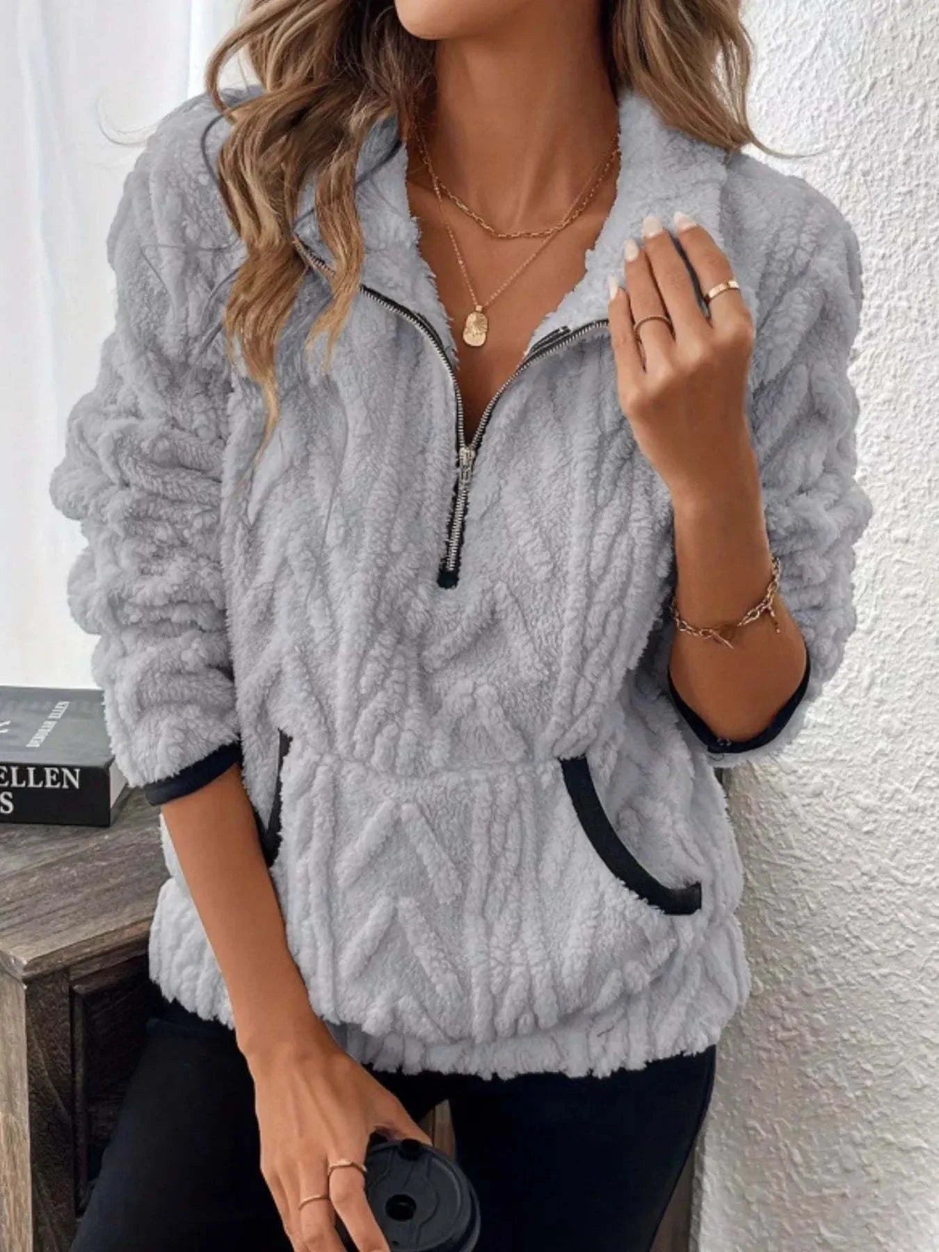 Plus size full size sherpa half zip sweatshirt with pockets in gray polyester