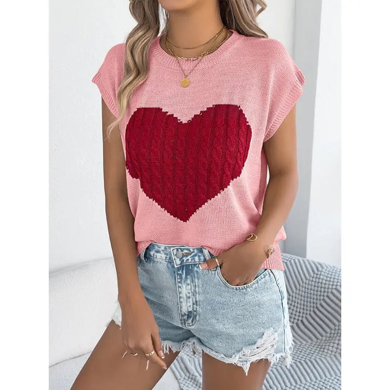 Women's Heart Color Block Knit Top - Casual Sleeveless Valentine Shirt D'Alina Confecções Store