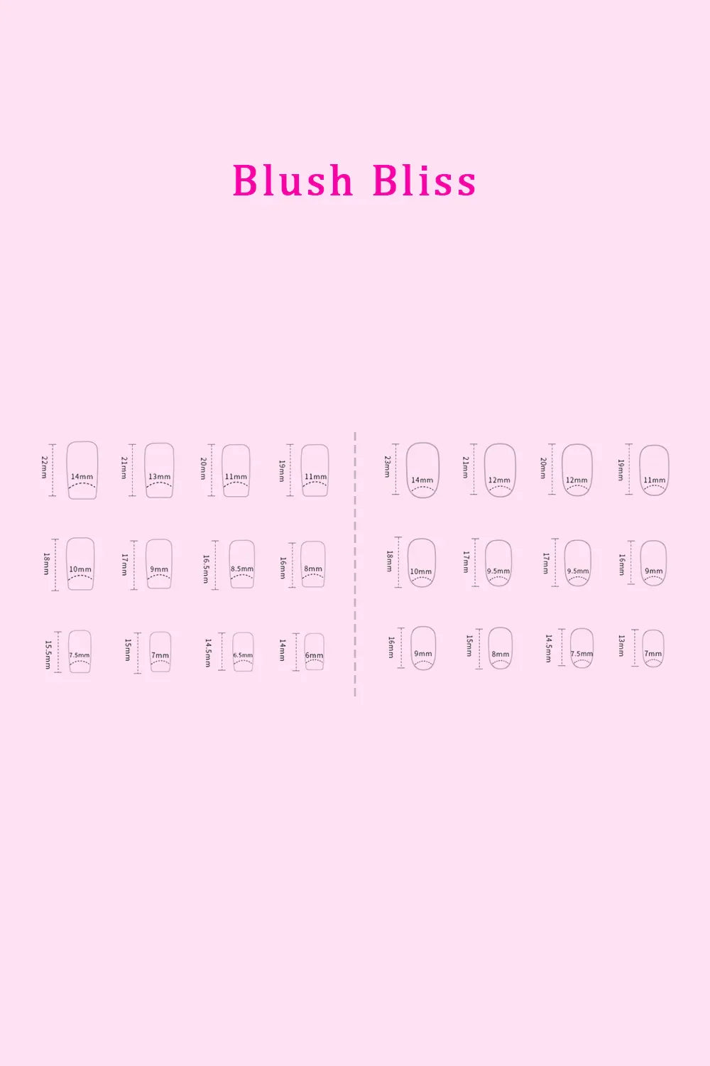 So Pink Beauty Press On Nails Blush Bliss design with size chart on pink background