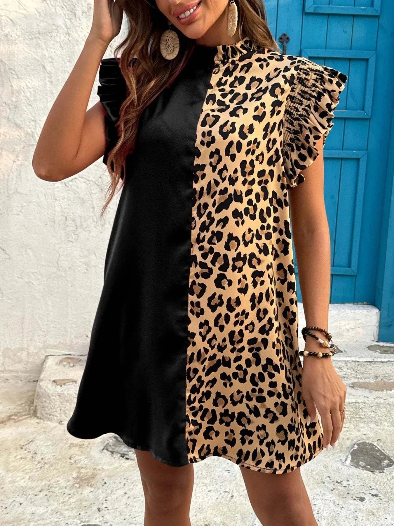 Leopard Color Block Dress with Ruffle Sleeves.