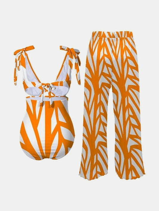 FAM-FAM Printed Tie Shoulder Swimwear with Matching Pants Set - Redemption By Ashley North