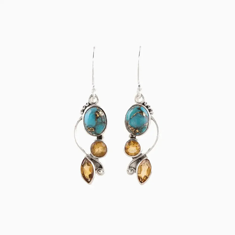 Geometric alloy dangle earrings with turquoise and amber stones, 0.8 by 1.8 inches